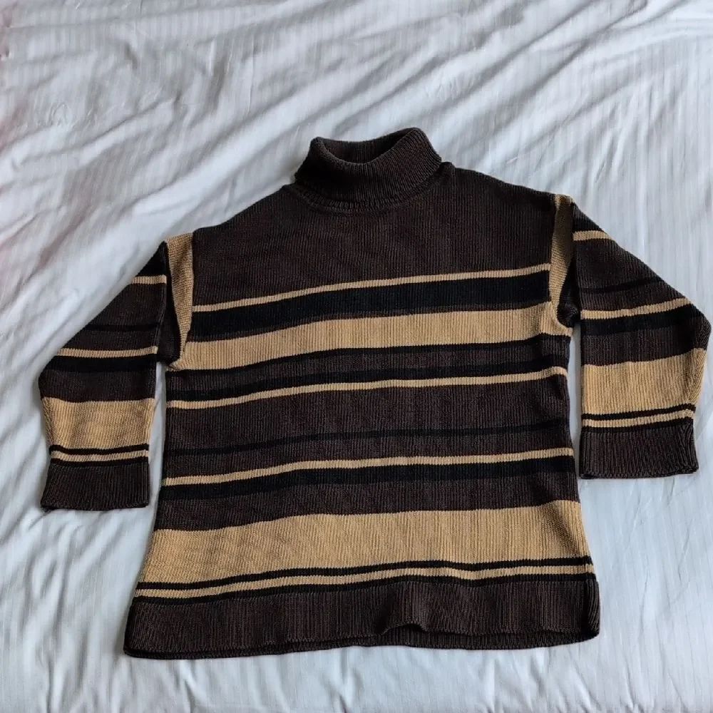 St John Sport by Marie Gray Mixed Stripe Brown & Tan Women's Turtleneck Sweater